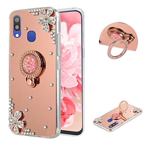 LCHDA for Samsung Galaxy A20/A30 Case Mirror Rose Gold with Ring Kickstand Glitter Sparkle Rhinestone Diamond Flower Makeup Cover with Finger Holder Grip for Samsung Galaxy A20/A30