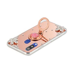 LCHDA for Samsung Galaxy A20/A30 Case Mirror Rose Gold with Ring Kickstand Glitter Sparkle Rhinestone Diamond Flower Makeup Cover with Finger Holder Grip for Samsung Galaxy A20/A30