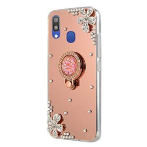 LCHDA for Samsung Galaxy A20/A30 Case Mirror Rose Gold with Ring Kickstand Glitter Sparkle Rhinestone Diamond Flower Makeup Cover with Finger Holder Grip for Samsung Galaxy A20/A30