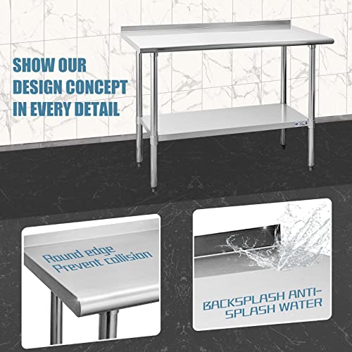 Hally Stainless Steel Table for Prep & Work 24 x 48 Inches, NSF Commercial Heavy Duty Table with Undershelf and Backsplash for Restaurant, Home and Hotel