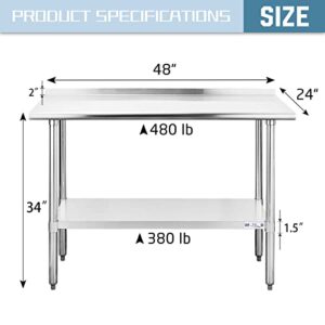 Hally Stainless Steel Table for Prep & Work 24 x 48 Inches, NSF Commercial Heavy Duty Table with Undershelf and Backsplash for Restaurant, Home and Hotel