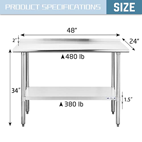 Hally Stainless Steel Table for Prep & Work 24 x 48 Inches, NSF Commercial Heavy Duty Table with Undershelf and Backsplash for Restaurant, Home and Hotel