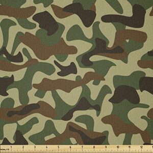 ambesonne camouflage fabric by the yard, squad uniform design with vivid color scheme hunting camouflage pattern, stretch knit fabric for clothing sewing and arts crafts, 1 yard, green brown