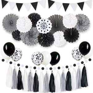 ansomo black and white party decorations and supplies, for baby shower and birthday graduation bachelorette with paper fan and tassel garland