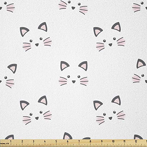 Ambesonne Kitten Fabric by The Yard, Sketching of a Blushing Cat Face Features Cartoon Style Hand Drawn Cat Whiskers, Stretch Knit Fabric for Clothing Sewing and Arts Crafts, 1 Yard, Pink Grey