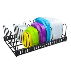 x-cosrack metal food container lid organizer&adjustable 6 dividers storage container lid holder rack for cabinets, cupboards, pantry shelves, drawers to keep kitchen tidy,black(patent pending)