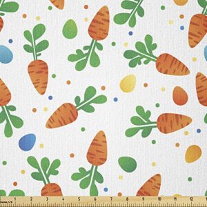 ambesonne easter fabric by the yard, repetitive minimal orange carrots and colorful eggs with polka dots spring season, stretch knit fabric for clothing sewing and arts crafts, 3 yards, multicolor