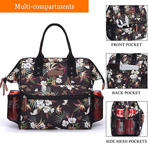 Insulated Lunch Bag, Wide-Open Lunch Box for Work/Picnic/Hiking/Beach/Fishing, Water-Resistant Leakproof Lunch Tote Bag for Women and Men (Flower Pattern+Shoulder Strap)