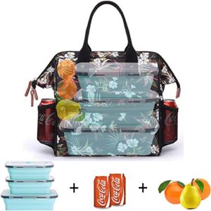 Insulated Lunch Bag, Wide-Open Lunch Box for Work/Picnic/Hiking/Beach/Fishing, Water-Resistant Leakproof Lunch Tote Bag for Women and Men (Flower Pattern+Shoulder Strap)