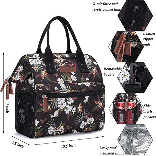 Insulated Lunch Bag, Wide-Open Lunch Box for Work/Picnic/Hiking/Beach/Fishing, Water-Resistant Leakproof Lunch Tote Bag for Women and Men (Flower Pattern+Shoulder Strap)