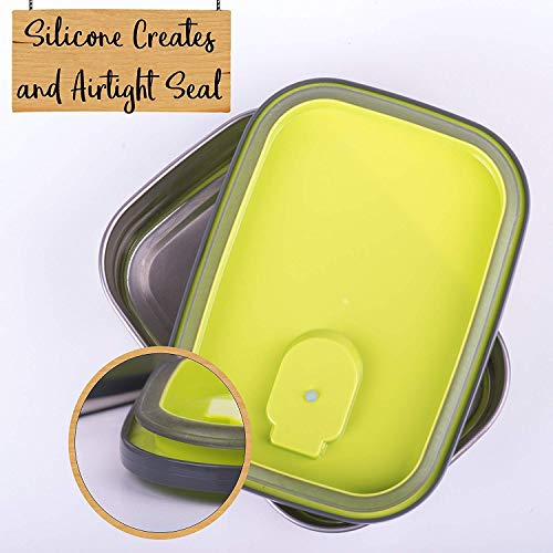 Bento Lunch Box for Kids Adults, Stainless Steel Leakproof Lunch Containers Boxs for Kids Storage, Vacuum Fresh-Keeping for School Work Picnic, Food-grade Silicone