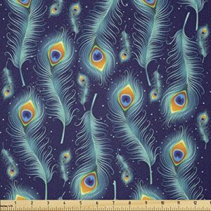 ambesonne peacock fabric by the yard, graphic peacock bird feathers background designed image, stretch knit fabric for clothing sewing and arts crafts, 2 yards, navy blue