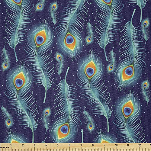 Ambesonne Peacock Fabric by The Yard, Graphic Peacock Bird Feathers Background Designed Image, Stretch Knit Fabric for Clothing Sewing and Arts Crafts, 2 Yards, Navy Blue