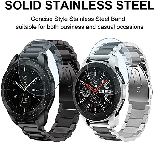 valkit Compatible Galaxy Watch 46mm/Galaxy Watch 3 45mm Bands, 2 Pack 22mm Stainless Steel Solid Metal Wrist Band Business Strap + Screen Protector for Gear S3 Frontier/Classic, Sliver/Black+Black