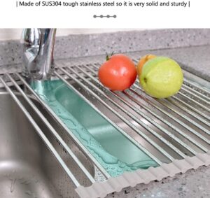 dullrout roll up dish drying rack 17.8 inch x 11.2 inch, over the sink dish drying rack, rollable stainless steel sink rack for kitchen organization, foldable/heat-resistant/easy to store
