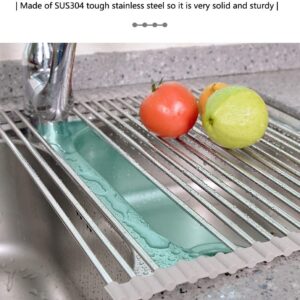 Dullrout Roll Up Dish Drying Rack 17.8 inch x 11.2 inch, Over The Sink Dish Drying Rack, Rollable Stainless Steel Sink Rack for Kitchen Organization, Foldable/Heat-Resistant/Easy to Store