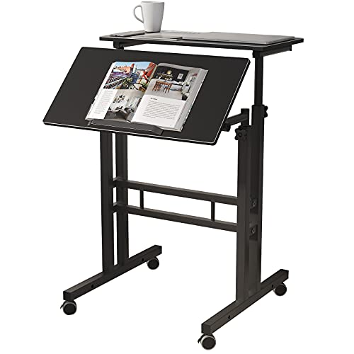 DlandHome Mobile Standing Desk Stand Up Desk Rolling Desk, Stand Sit Desk Mobile Computer Desk Adjustable Standing Desk 23.6inches Table Workstation Mobile Desk Cart Tray Black