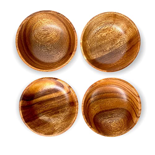 WRIGHTMART Wood Bowl, Set of 4 Bowls for Food, Salads, Pasta, Cereals, Nachos, Chips, Trail and Nut Mixes, Rustic Durable Hand Crafted Acacia Dining & Serveware Set, 7” diameter