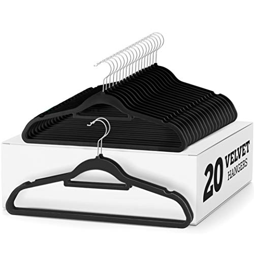 Zober Velvet Hangers 20 Pack - Clothes Hanger W/Tie Bar - Non-Slip, Swivel Hook, Slim Felt Hangers - Suits, Clothes, Pants, Coat Hanger - Black