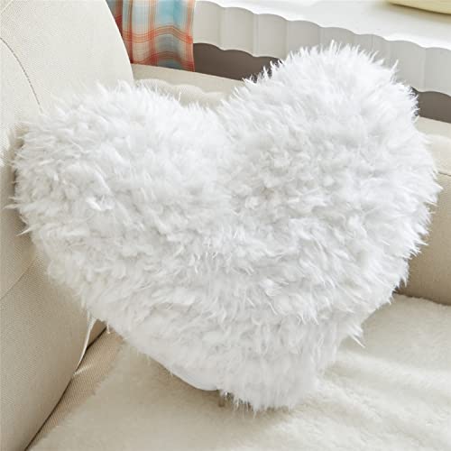 Christmas Decorations Fluffy Heart Throw Pillow With Pillow Cover and Insert, Shaggy Faux Fur,Valentines Day,Mothers Day Decorative Design for Indoor and Outdoor, (White, Heart Shape-15.7X15.7Inches)