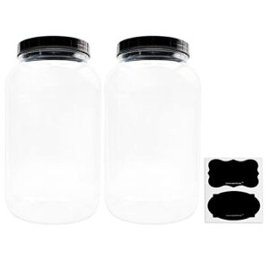 cornucopia brands gallon plastic jars (2-pack); clear round containers with black ribbed lids, bpa-free 4-quart large size