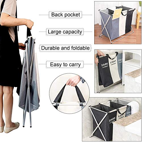 FUNFLOWERS Laundry Hamper Basket Sorter with Handle and Aluminum Frame, 3 Sections Foldable Portable Large Dirty Clothes Basket Organizer for Bathroom Bedroom Home (Black+White+Grey)