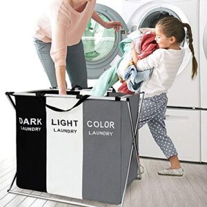 FUNFLOWERS Laundry Hamper Basket Sorter with Handle and Aluminum Frame, 3 Sections Foldable Portable Large Dirty Clothes Basket Organizer for Bathroom Bedroom Home (Black+White+Grey)