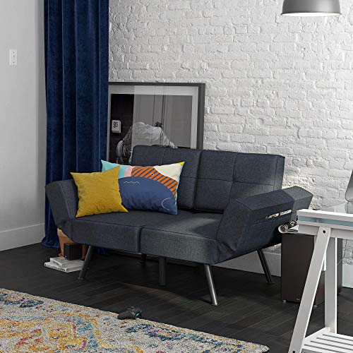 REALROOMS Euro Upholstered Tufted Loveseat Futon with Storage Pockets, Blue Linen