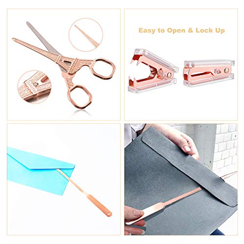 Rose Gold Desk Accessories Set - Scissors, Staple Remover and 2 Letter Openers, Luxury Rose Gold Office Supplies & Desk Decorations