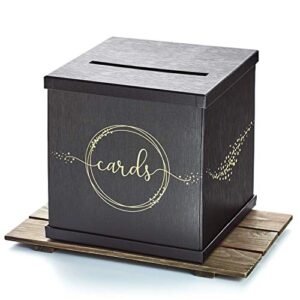 hayley cherie - black gift card box with gold foil design - large size 10" x 10" - for wedding receptions, bridal & baby showers, birthdays, graduations, 21st parties