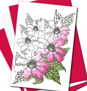 art eclect coloring all occasion cards for adults, happy birthday, thank you and sympathy, 20 cards with unique flower designs, 10 fuchsia and 10 white envelopes (flowers b20/pinkwhite)