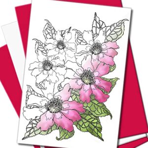 Art Eclect Coloring All Occasion Cards for Adults, Happy Birthday, Thank You and Sympathy, 20 Cards With Unique Flower Designs, 10 Fuchsia and 10 White Envelopes (Flowers B20/PinkWhite)