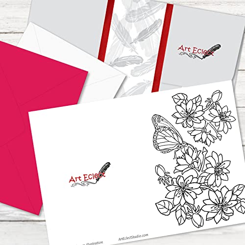 Art Eclect Coloring All Occasion Cards for Adults, Happy Birthday, Thank You and Sympathy, 20 Cards With Unique Flower Designs, 10 Fuchsia and 10 White Envelopes (Flowers B20/PinkWhite)