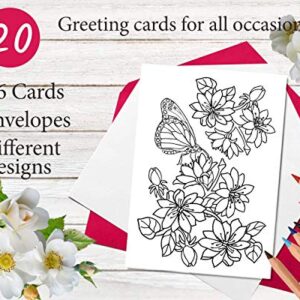 Art Eclect Coloring All Occasion Cards for Adults, Happy Birthday, Thank You and Sympathy, 20 Cards With Unique Flower Designs, 10 Fuchsia and 10 White Envelopes (Flowers B20/PinkWhite)