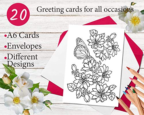 Art Eclect Coloring All Occasion Cards for Adults, Happy Birthday, Thank You and Sympathy, 20 Cards With Unique Flower Designs, 10 Fuchsia and 10 White Envelopes (Flowers B20/PinkWhite)