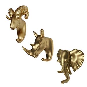 biubiu home set of 3 elephant head sheep head and rhino head wall hooks/hangers animal shaped coat hat hooks (gold)