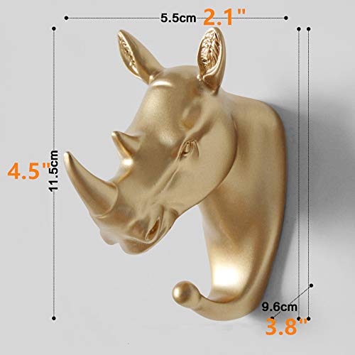 BiuBiu Home Set of 3 Elephant Head Sheep Head and Rhino Head Wall Hooks/Hangers Animal Shaped Coat Hat Hooks (Gold)