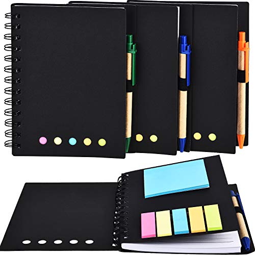 TOODOO 4 Packs Lined Spiral Notebook Kraft Paper Cover Notepad with Pen In Holder, Sticky Notes and Page Marker Colored Index Tabs, Steno Pocket Business Notebook (Black, Large)