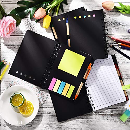 TOODOO 4 Packs Lined Spiral Notebook Kraft Paper Cover Notepad with Pen In Holder, Sticky Notes and Page Marker Colored Index Tabs, Steno Pocket Business Notebook (Black, Large)