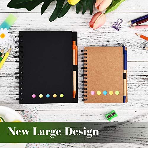 TOODOO 4 Packs Lined Spiral Notebook Kraft Paper Cover Notepad with Pen In Holder, Sticky Notes and Page Marker Colored Index Tabs, Steno Pocket Business Notebook (Black, Large)