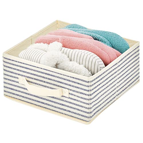 mDesign Soft Fabric Closet Organizer Box with Front Pull Handle for Shelves in Bedroom, Bathroom, Home Office - Holds Clothing, Linens, Accessories, Lido Collection, 4 Pack, Natural/Cobalt Blue Stripe