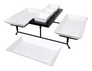 the most versatile 3 tier serving tray. collapsible metal stand with 3 plates & 3 bowls on black wood base. tiered tray party food server display for appetizers, cupcakes, fruit, cheese, desserts.