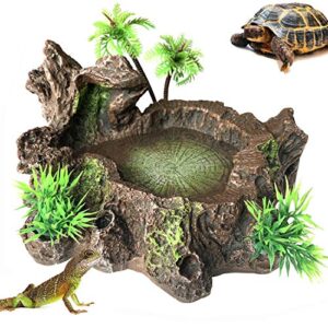 pinvnby resin reptile platform artificial tree trunk reptile tank decor food water dish bowl for bearded dragon,lizard, gecko, water frog,snake