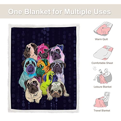 Sleepwish Sherpa Fleece Bed Throw Colorful Pugs Pop Art Soft and Fuzzy Plush Blanket Gifts for Pet Animals Puppy Dog Lovers Twin Size (60"x80")