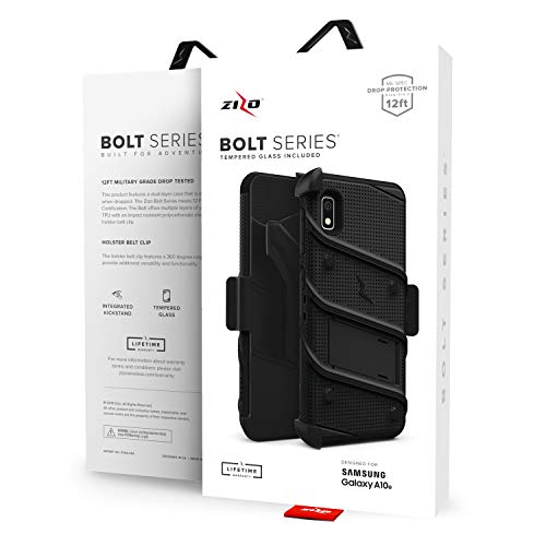 ZIZO Bolt Series for Samsung Galaxy A10e Case | Heavy-Duty Military-Grade Drop Protection w/ Kickstand Included Belt Clip Holster Tempered Glass Lanyard (Black/Black)