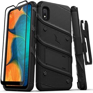 zizo bolt series for samsung galaxy a10e case | heavy-duty military-grade drop protection w/ kickstand included belt clip holster tempered glass lanyard (black/black)