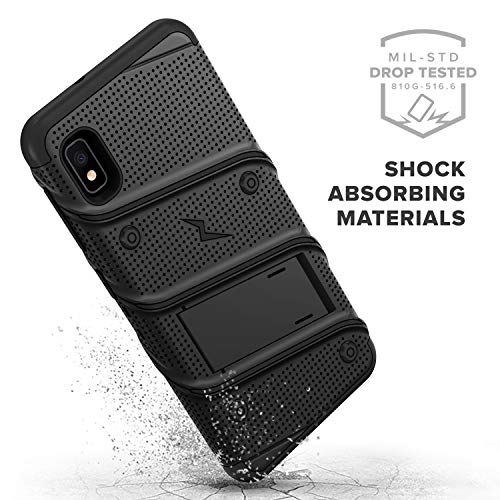 ZIZO Bolt Series for Samsung Galaxy A10e Case | Heavy-Duty Military-Grade Drop Protection w/ Kickstand Included Belt Clip Holster Tempered Glass Lanyard (Black/Black)