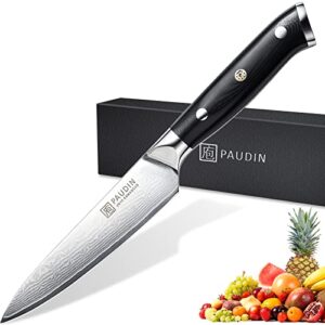 paudin utility knife, 5'' paring knife, damascus kitchen knife, 67-layer forged blade ultra sharp edge, stainless steel knife, full tang g10 handle with triple rivets, for cutting fruit and vegetables