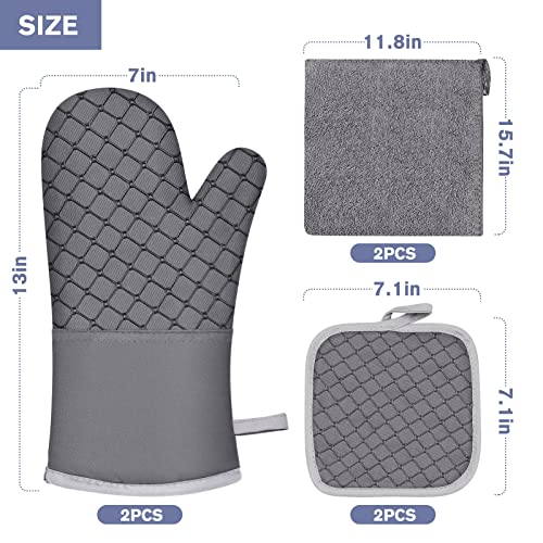 IXO 6Pcs Oven Mitts and Pot Holders, Oven Glove Heat Resistant 500℉ with Kitchen Towels Kitchen Mitts and Pot Holder Soft Cotton Lining and Non-Slip Silicone Surface for Baking, Cooking, BBQ(Grey)