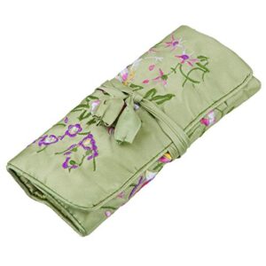 tumbeelluwa embroidery travel jewelry bag roll embroidered flower and bird brocade organizer with tie close, light green